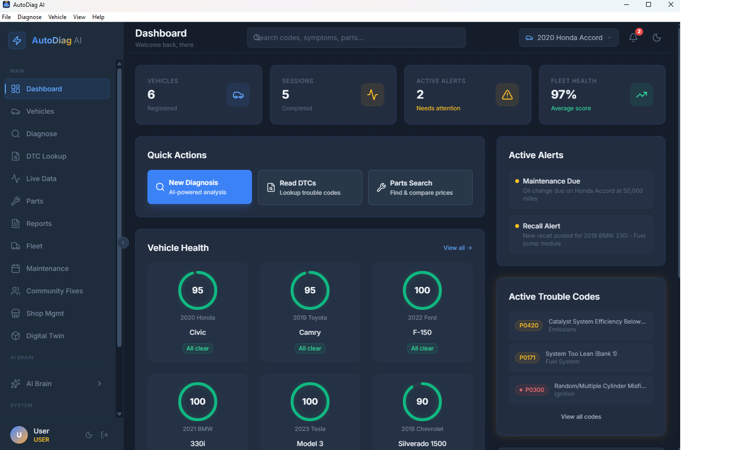 AutoDiag AI Dashboard — Vehicle health monitoring and diagnostics