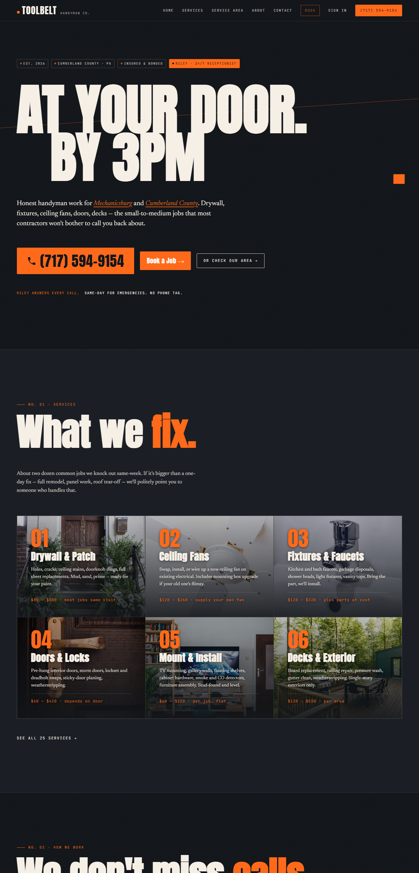 Toolbelt Handyman marketing site — homepage hero and 'what we fix' service grid
