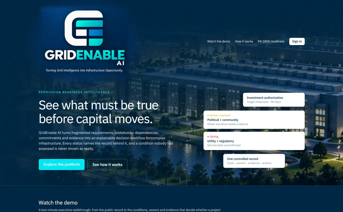 GridEnable AI platform landing page: See what must be true before capital moves