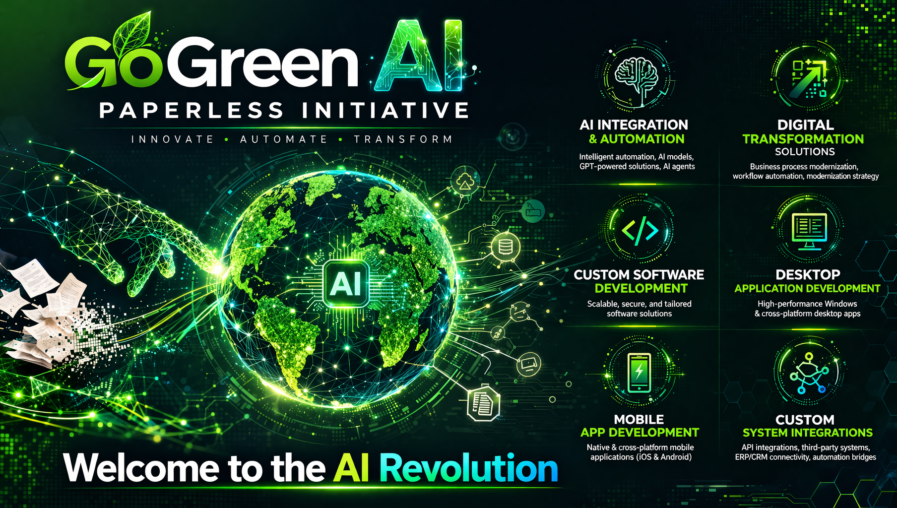 GoGreen AI Paperless Initiative - AI Integration, Digital Transformation, Custom Software, Mobile Apps, Desktop Apps, System Integrations